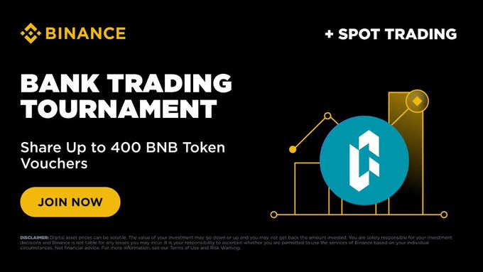 A Binance promotional banner for a 'BANK TRADING TOURNAMENT' featuring 'SPOT TRADING' and offering 'Up to 400 BNB Token Vouchers' with a yellow 'JOIN NOW' button.