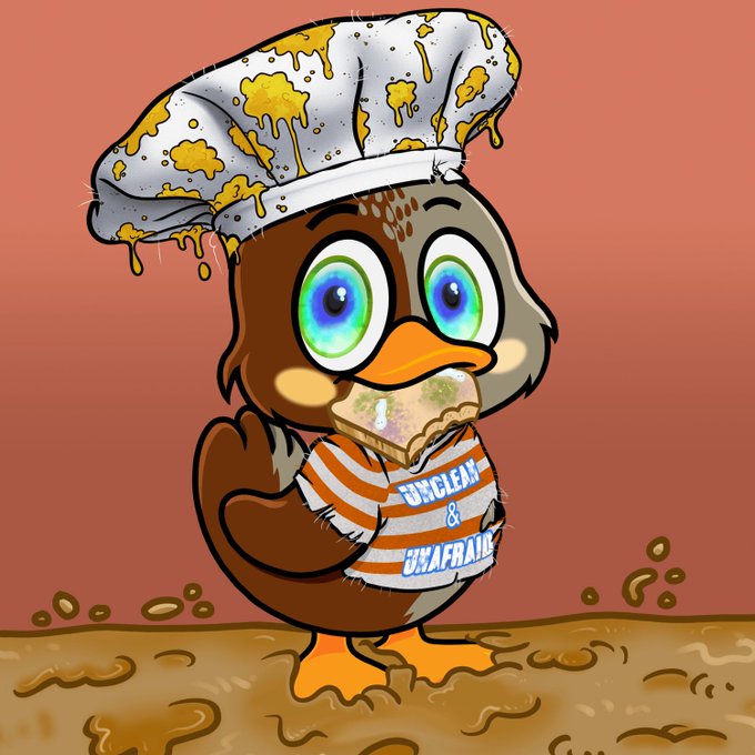 A cartoon duck wearing a stained chef's hat and an orange-and-white striped shirt that reads 'UNCLEAN & UNAFRAID' stands in brown liquid, holding a piece of bread.