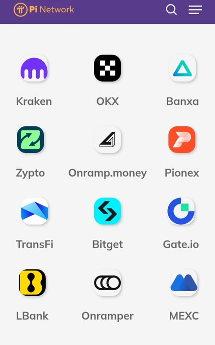 This image shows the logos of various businesses, including Kraken, OKX, Banxa, Zypto, Onramp.money, Pionex, TransFi, Bitget, Gate.io, LBank, Onramper, and MEXC, which are KYB-verified platforms for Pi Network. This visual list complements the post reminding Pioneers to check minepi.com/kyb-list/ for official updates.