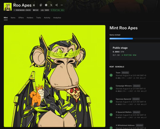 The image shows the Robinhood Chain NFT minting page for "Roo Apes," displaying a cartoon ape character with green sunglasses holding a pizza and small cat against a bright green background, with a current mint price of $17.50 (0.0093 ETH) and a mint schedule listing allowlisted wallet stages. This directly illustrates the post's reference to scanning the Robinhood NFT chain for early launches, capturing the Roo Apes collection while it's still available for minting at the listed price before the supply sells out.