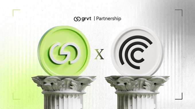 The image features two columns of coins placed atop a white column with a green circle on top of one coin and a black circle on top of another coin, both sitting on a pedestal. The text "GRVT Partnership" is written above each coin, indicating that these coins are related to the partnership between GRVT and another company. The post also mentions that this partnership involves offering yield from tokenized U.S. Treasury products, which means that users can earn interest by investing in these products.