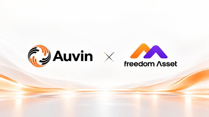 Promotional graphic announcing the ecosystem partnership between Auvin Chain and Freedom Asset, featuring both companies' logos side by side with an "X" between them against a white and orange gradient background.
