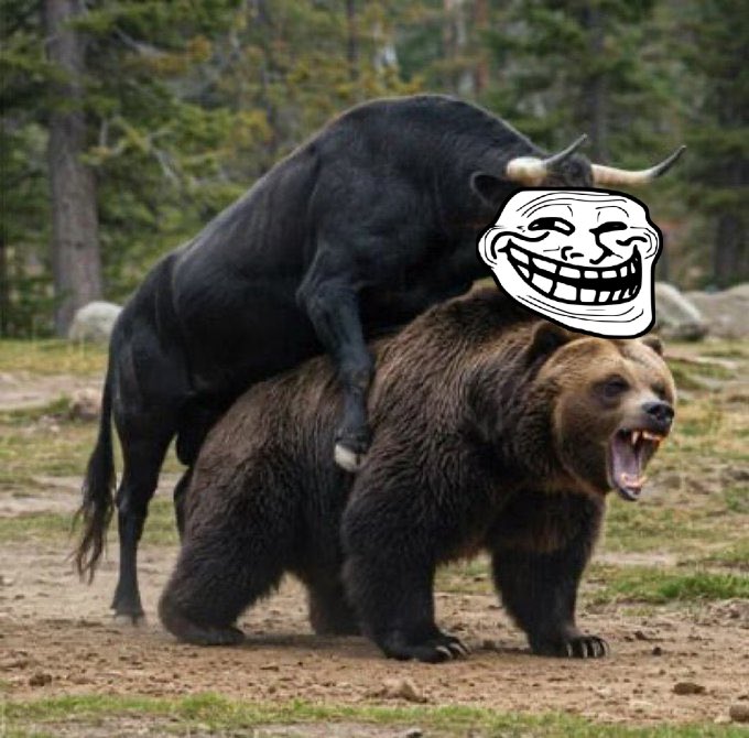 A meme image featuring a bull mounted on a snarling brown bear, with a classic troll face overlaid on the bull's head, symbolizing a 'bull riding the bear.'