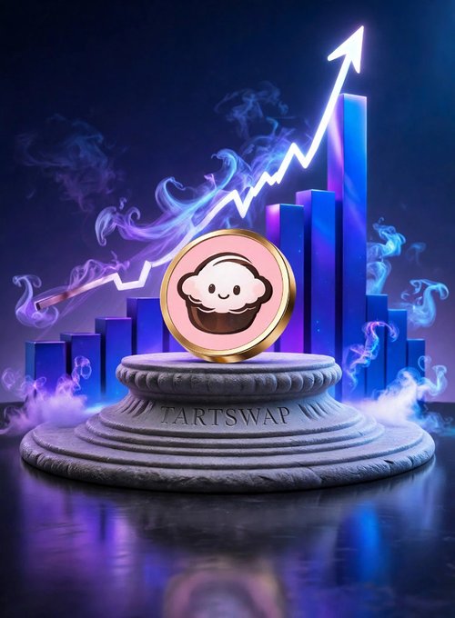 A promotional graphic featuring a 'TARTSWAP' token coin on a pedestal with rising bar charts and a glowing upward arrow in blue and purple neon tones.