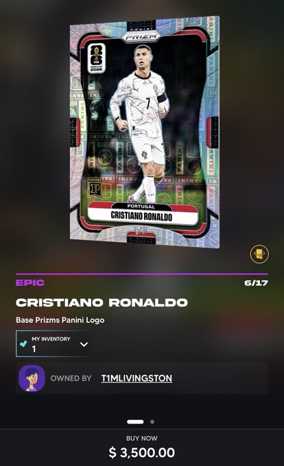 Mobile app listing for an EPIC Cristiano Ronaldo trading card titled 'Base Prizms Panini Logo', listed at $3,500.00 by user T1MLIVINGSTON.