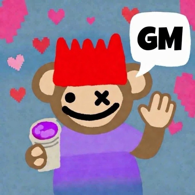 A cartoon illustration features a smiling monkey character with one X-shaped eye, wearing a red cap and purple shirt, holding a coffee cup and waving with a 'GM' speech bubble.