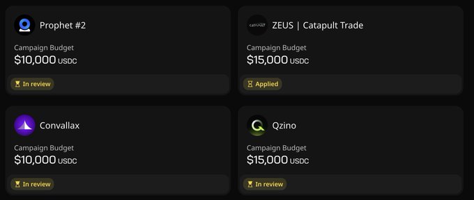 A dashboard displaying four campaign budget entries: Prophet #2 ($10,000 USDC, In review), ZEUS | Catapult Trade ($15,000 USDC, Applied), Convallax ($10,000 USDC, In review), and Qzino ($15,000 USDC, In review).