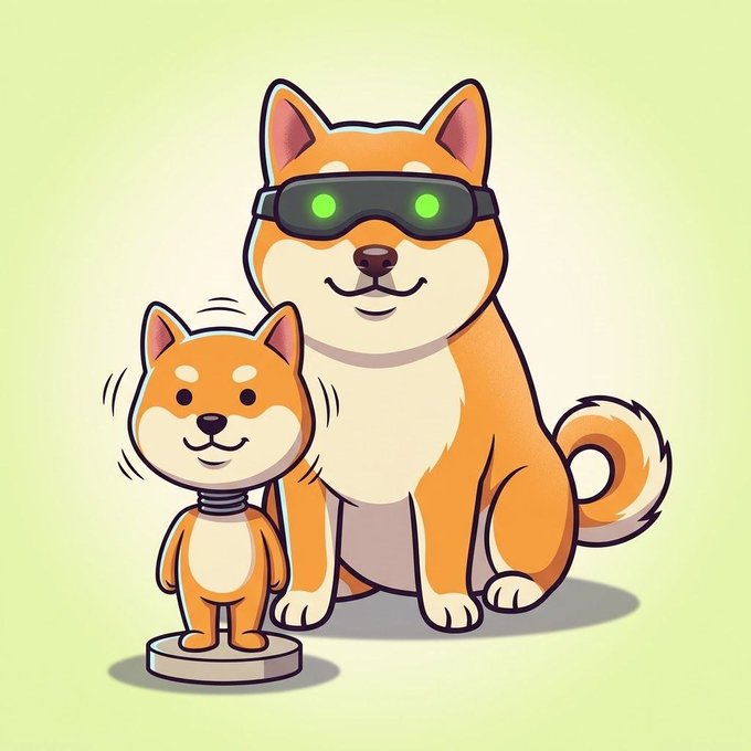 An illustration of a cartoon orange and white Shiba Inu dog wearing VR goggles with glowing green lights, standing next to a smaller, vibrating version of itself.