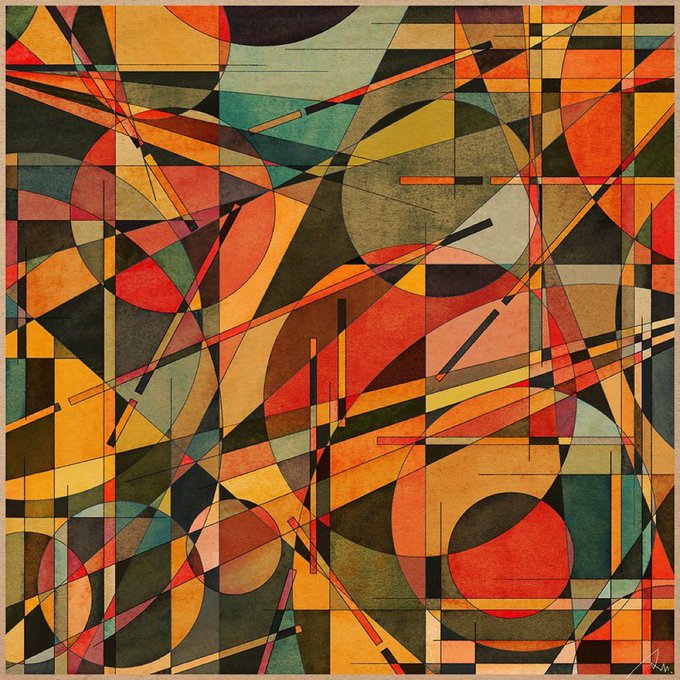 Abstract geometric artwork composed of overlapping circles, triangles, and intersecting lines in warm tones of orange, red, yellow, and muted green.