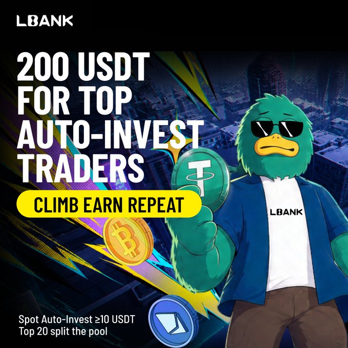 A promotional graphic for LBank featuring a duck mascot wearing sunglasses and an LBank shirt, advertising a "200 USDT FOR TOP AUTO-INVEST TRADERS" campaign with the tagline "CLIMB EARN REPEAT," showing details about Spot Auto-Invest ≥10 USDT and the top 20 splitting the pool, alongside floating Bitcoin, Tether, and other crypto coins.
