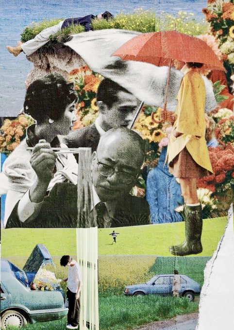 A surreal collage combines black-and-white portraits of people, a colorful figure with a red umbrella and yellow raincoat, sunflowers, and a scene of vintage cars in a field.