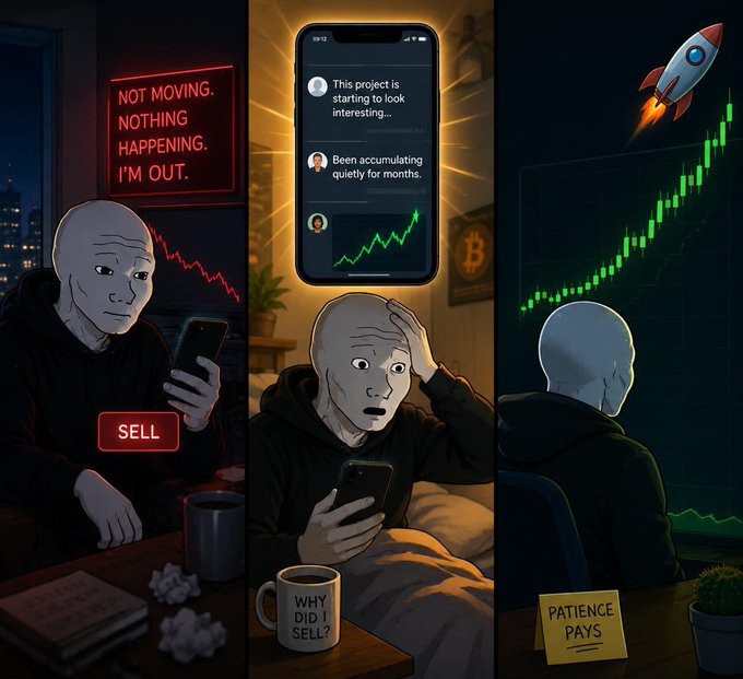 A three-panel meme illustration depicts a trader's journey: panicking and selling, regretting selling while watching the price rise, and finally enjoying 'Patience Pays' as the chart shoots up with a rocket.