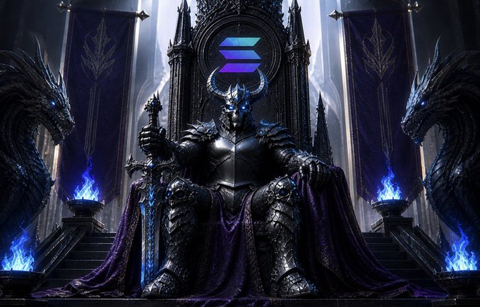 The image features a man dressed as a knight sitting on a throne with a sword at his side. He is wearing a purple robe and holding a sword. In front of him are two dragons, one black and one blue, which appear to be guarding or accompanying him. The background includes banners that say "Grand rising", "Solana!", and "SOLANA!".