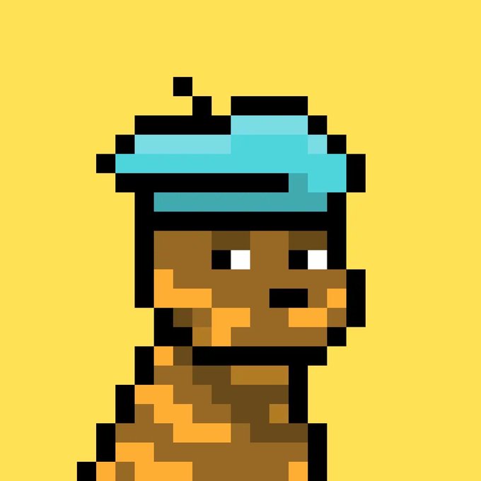 A pixel art character with brown skin and a blue hat set against a solid yellow background.