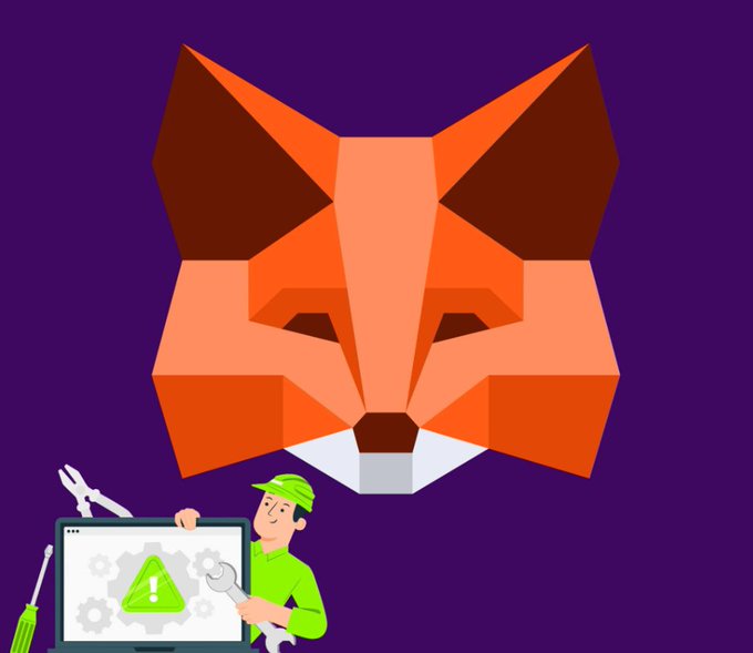 The MetaMask fox logo appears in a stylized low-poly orange design with a small technician character holding a tablet displaying a warning triangle below it.