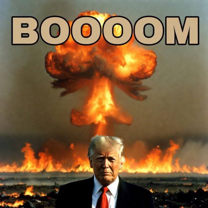 Donald Trump stands solemnly in front of a massive nuclear-style mushroom cloud explosion and fiery destruction, with bold "BOOOOM" text above, creating a dramatic satirical visual that exaggerates the weight of his upcoming 9pm address on the Clarity Bitcoin Act.