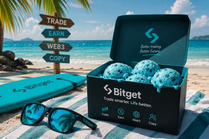The image shows an open blue ice cream container filled with several blue balls of ice cream placed on a beach towel or blanket. A pair of sunglasses, possibly worn by someone sitting on the same towel or blanket, can be seen as well. The backdrop features palm trees and the ocean, creating a relaxing atmosphere. The post in front of the ice cream container reads: "Shiny summer day, bright energy, and endless possibilities ahead. GM everyone! Stay cool, stay positive, and keep building. Wishing everyone a green and profitable day with @Bitget". This image captures the feeling of a fun beach outing or vacation, while also promoting Bitget's service for trading in the crypto market.