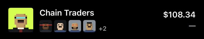 A small UI banner showing the 'Chain Traders' group, featuring pixel avatars and a price of '$108.34'.
