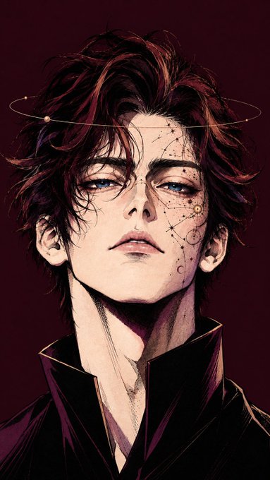 A digital illustration of a young man with messy dark hair and blue eyes, featuring constellation-like markings on the right side of his face and a small halo orbiting his head against a dark red background.
