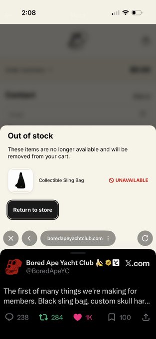 A mobile screenshot showing an 'Out of stock' message for a 'Collectible Sling Bag' on boredapeyachtclub.com, with a Bored Ape Yacht Club tweet below about making items for members.