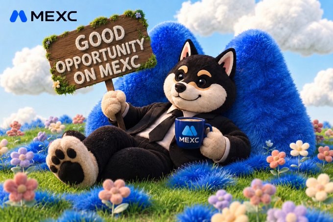 A promotional image for MEXC exchange featuring a husky mascot holding a 'GOOD OPPORTUNITY ON MEXC' sign and a MEXC mug in a field of flowers.