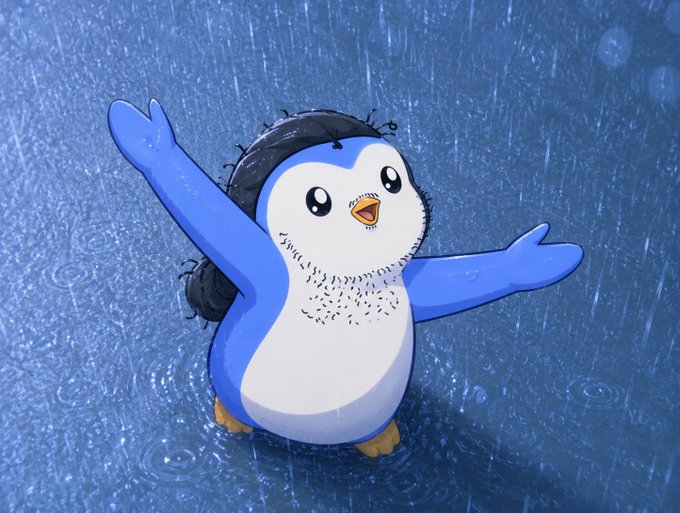 The image features a cartoon penguin standing in water, with its arms raised high above its head. The background of the image is blue, which complements the penguin's color scheme. There are no texts or other objects present in the image, making it a simple and clean composition focused on the main subject - the happy penguin.