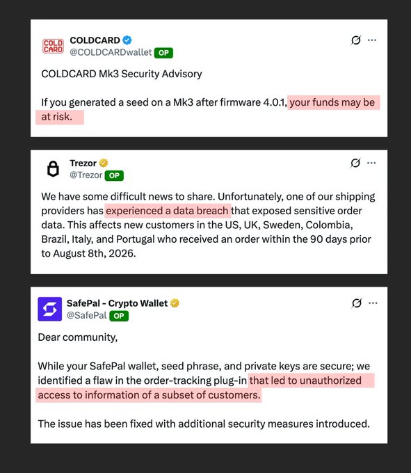Screenshots of three Twitter/X posts from COLDCARD, Trezor, and SafePal alerting users to security advisories, including a COLDCARD Mk3 firmware issue where 'funds may be at risk' and Trezor's shipping provider data breach affecting orders placed prior to August 8th, 2026.