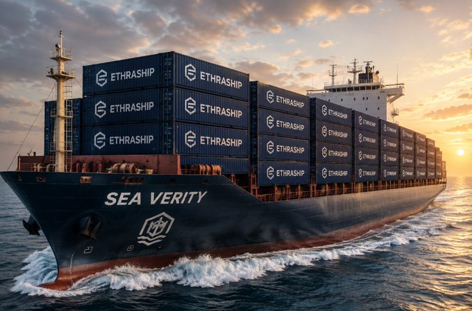 A large cargo ship named 'SEA VERITY' sails on the ocean at sunset, loaded with containers marked with the 'ETHRASHIP' logo.