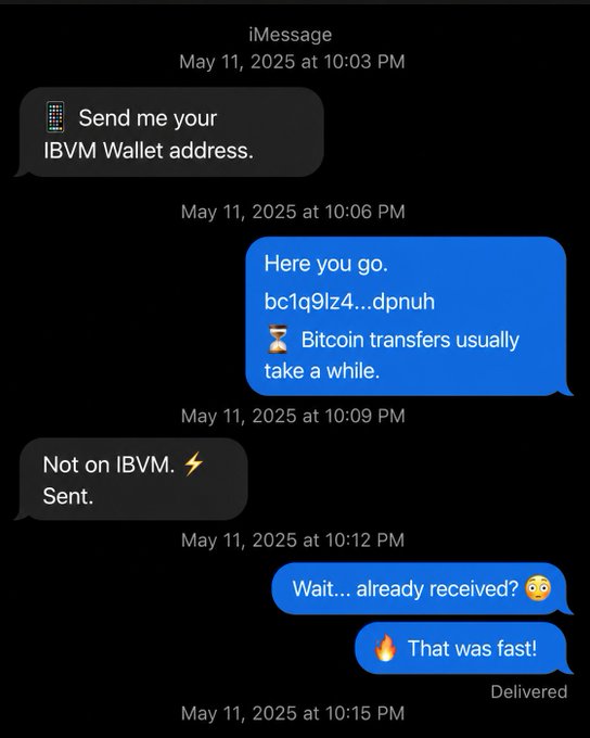 The image shows a screenshot of a cell phone screen displaying multiple messages from an IBCM account. There are four distinct messages, each with different colors and fonts, indicating various conversations or updates related to Bitcoin transactions. The first message reads "Send me your IBVM Wallet address", while the second message says "IBVM Wallet Address". The third message is a screenshot of a Bitcoin transaction, and the fourth message is an emojis-filled response from the account owner.