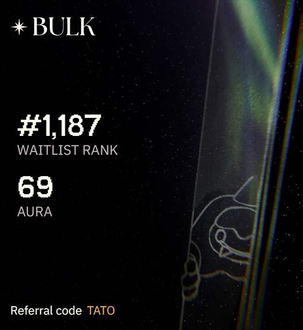 The image is a black and white photograph with text in a font style that resembles a space-like design or shape, but cannot be fully deciphered. The main focus of the image is a post discussing a waitlist rank for an account called "Aura". The post also includes a reference code called "TATO" to join this account. While it appears to contain some information about the account's performance in terms of points and deposits, the text does not provide any concrete details about the account's points or how much has been deposited.