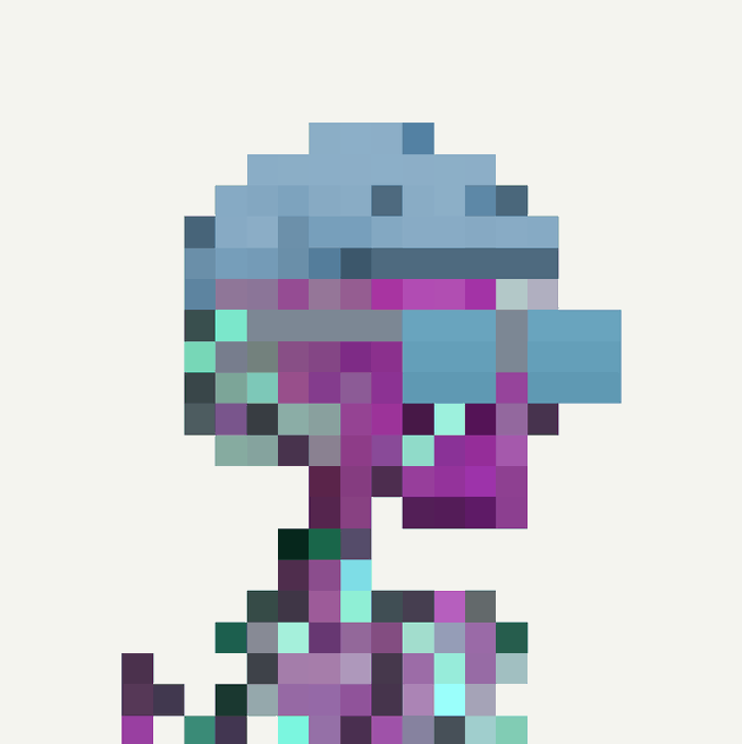 A low-resolution pixel art figure with purple, teal, and blue tones appears to wear a cap or helmet against a white background.