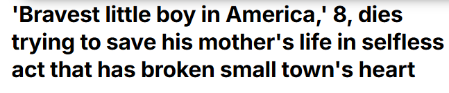 The image features a quote attributed to an unknown source, stating that "a little boy named Lee" died trying to save his mother's life in selfless act that has broken small town's heart."