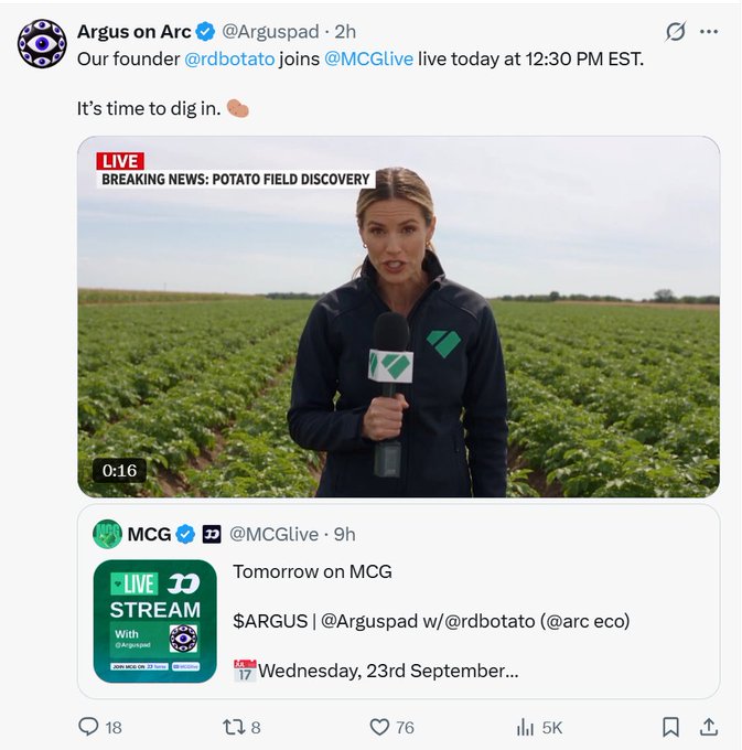 Screenshot of an X post by 'Argus on Arc' (@Arguspad) announcing a live stream with @rdbotato on @MCGlive, featuring a news reporter graphic with the headline 'BREAKING NEWS: POTATO FIELD DISCOVERY'.
