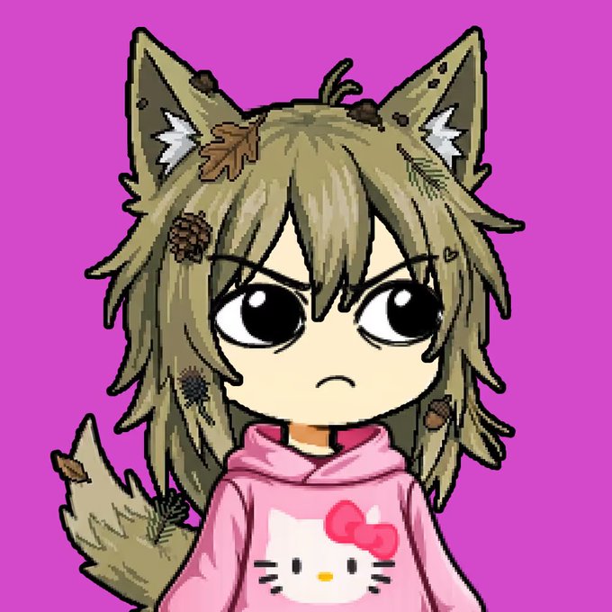 A pixelated chibi-style character with wolf ears and a pink Hello Kitty hoodie looks angry, reflecting the "cranky" sentiment expressed in the post regarding missing minting opportunities.