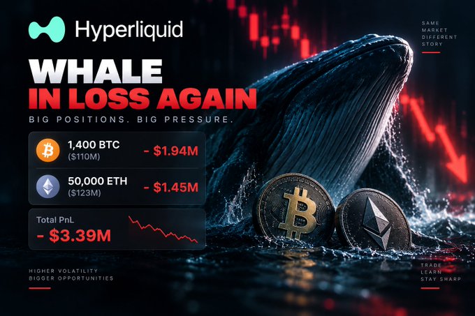 A Hyperliquid crypto graphic titled 'WHALE IN LOSS AGAIN' showing 1,400 BTC ($110M) down $1.94M and 50,000 ETH ($123M) down $1.45M for a total PnL of -$3.39M, with a 3D whale breaching water alongside Bitcoin and Ethereum coins.