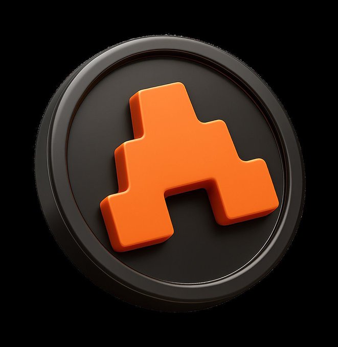 A 3D-rendered orange icon resembling a stylized 'A' or geometric mountain shape set within a dark circular frame against a black background.