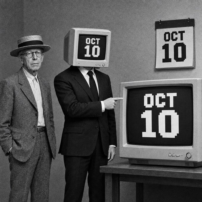 A surreal black-and-white photo showing an older man in a straw hat and suit standing next to a figure wearing a vintage computer monitor displaying 'OCT 10' as its head, which points toward a wall calendar and TV also displaying 'OCT 10'.