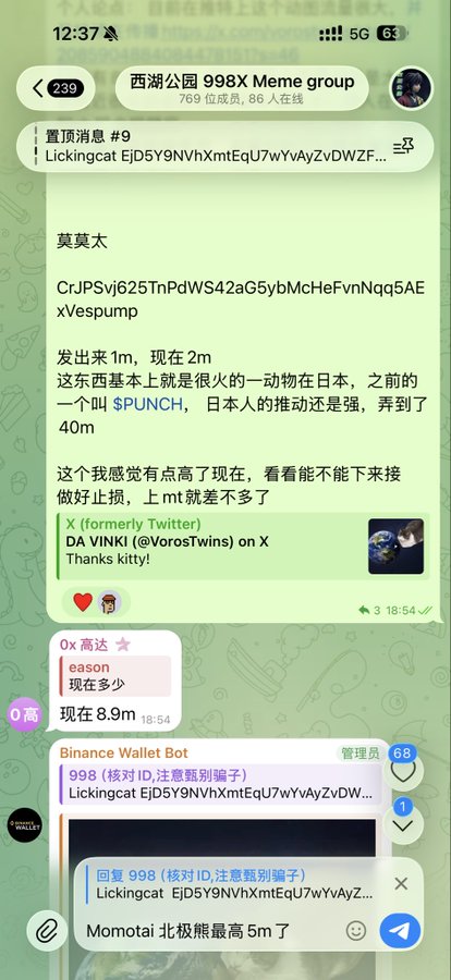 A Chinese Telegram chat screenshot from '西湖公园 998X Meme group' (769 members, 86 online) discussing crypto tokens including 'Lickingcat' and 'SPUNCH' with a Binance Wallet Bot message.