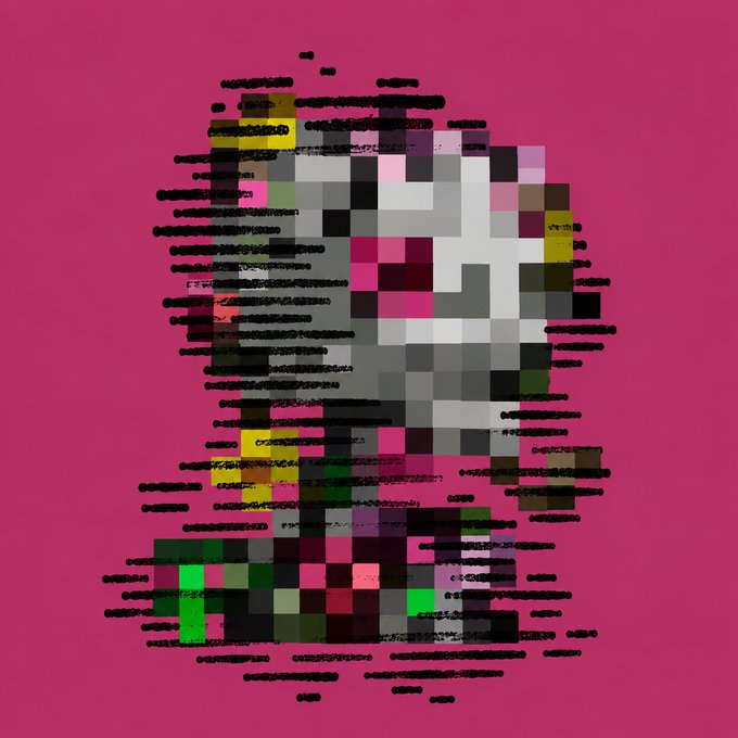 A heavily pixelated and glitched figure in grayscale against a solid pink background.