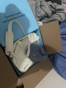 A white Bitget-branded handbag rests inside an open cardboard box, with the lid displaying the promotional text "Turning Crypto into Everyday Finance."

The image complements the post by showcasing the BitgetWalletCN merchandise gift being thanked for, highlighting the stylish white bag's quality and design.