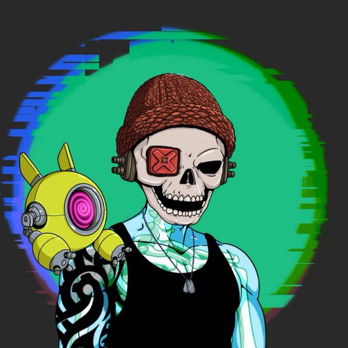 A stylized digital illustration depicts a skeletal figure wearing a brown beanie and a red X-marked eyepatch, holding a yellow robotic device, set against a glitchy green and blue circular background.