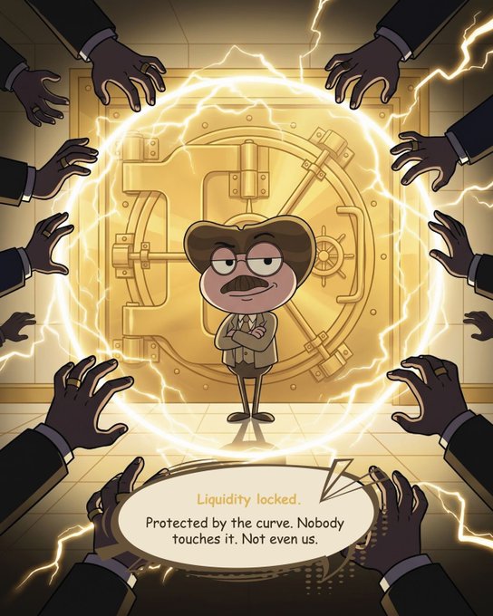 The image features a cartoon character standing in front of an open gold safe, with several hands surrounding him. The text "liquidity locked" is written above the character's head, while the phrase "protected by the curve, nobody touches it, not even us" is written below his feet. This suggests that the character is protected from any attempts to access or use the vault without a key or code.