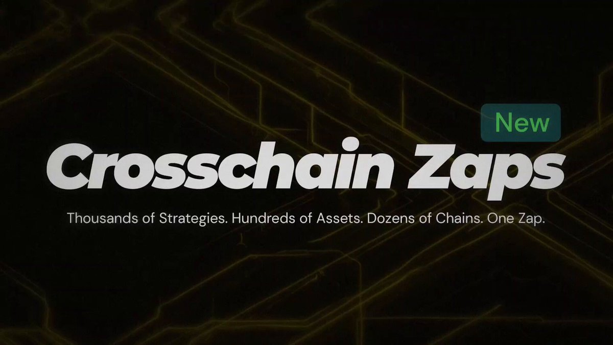 The image features a banner for Crosschain Zaps, which has been broken for years. The text "cross-chain" is written in white letters above an image of yellow lines that resemble a cross. Below this image, there's some text that reads "New Crosschain Zaps". The post also mentions the importance of "thousands of strategies", "hundreds of assets", and "dozens of chains", as well as the need to "bridge" or "swap" transactions for better efficiency in the cross-chain.
