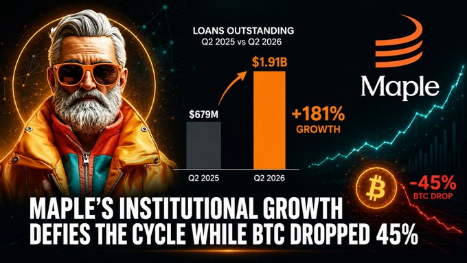 Promotional graphic showing Maple Finance's institutional growth, highlighting loans outstanding increasing from $679M in Q2 2025 to $1.91B in Q2 2026 (+181% growth), while BTC dropped 45%.