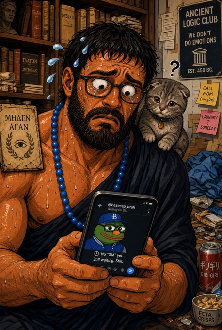 A satirical illustration of a sweating, bearded man in a toga looking nervously at a phone displaying a tweet about a Pepe frog meme, with a grumpy cat perched on his shoulder.