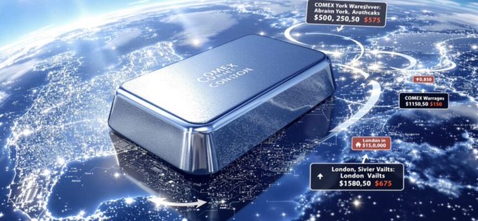 A promotional graphic showing a silver COMEX container floating over a glowing map, displaying COMEX gold prices including 'COMEX York WareSilver' at $500.50, 'COMEX Warrapes' at $1150.50, and 'London Silver Vaults: London Vaults' at $1500.50.