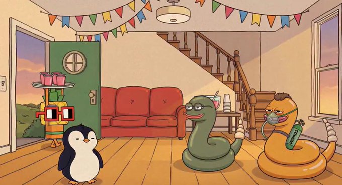 An animated scene from a cartoon showing a penguin, a robot, and two snakes (one green, one orange wearing a mask) inside a house decorated with party bunting.