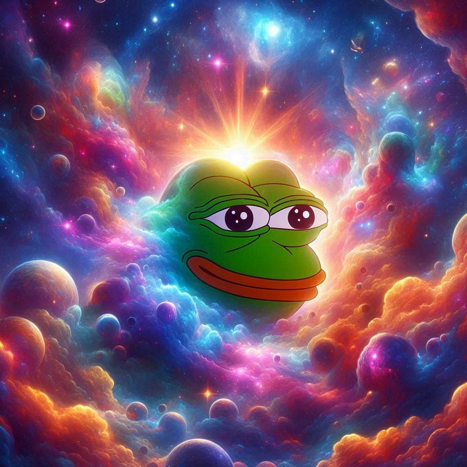 A cosmic Pepe the Frog meme floats through a vibrant, psychedelic nebula bursting with stars and colorful clouds, with a brilliant supernova shining from above his head—visually symbolizing $PEPE's "blastoff" toward new all-time highs as described in the caption.