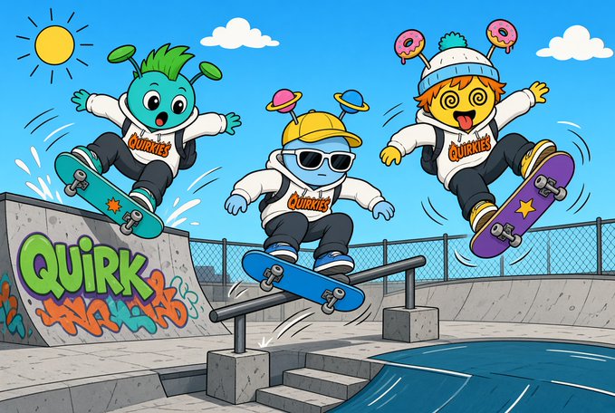 Three quirky cartoon characters with antennae skateboards perform tricks at a sunlit skate park, featuring graffiti that reads "QUIRK" on the ramp, with all skaters wearing hoodies labeled "Quirkies" — aligning with the post promoting Quirk Life Skateboards and the Quirkies NFT collaboration.