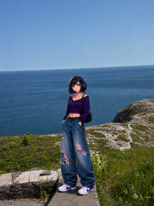 A 3D-rendered anime-style character with short dark hair, wearing a purple top and baggy ripped jeans, stands on a rocky path overlooking a vast blue ocean.